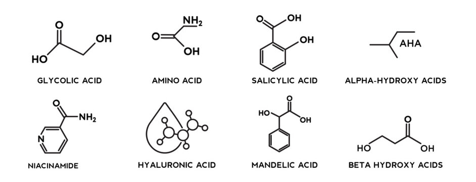 Set of Glycolic, Niacinamide, Amino, Hyaluronic, Salicylic, Mandelic, Alpha-hydroxy and Beta hydroxy acids icons collection