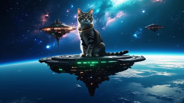 Cosmic cat atop a futuristic spaceship