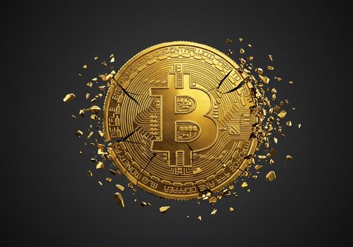 Shattered Golden Bitcoin Cryptocurrency Exploding