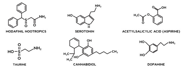 Set of modafinil nootropics, cannabidiol or cbd molecular, acetylsalicylic acid (aspirine), taurine, serotonin, dopamine molecular structures.