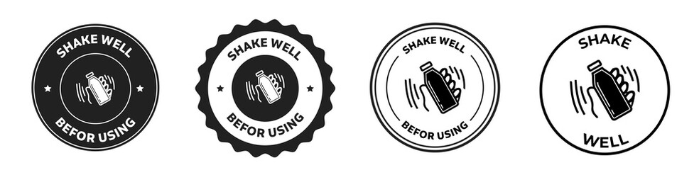 black and white Shake well before using a rounded vector icon illustration set, variations
