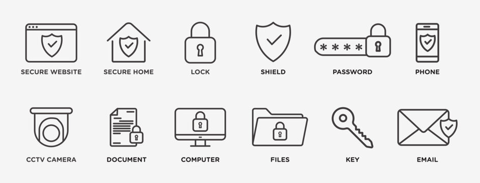 Safety security icon set. Secure website, secure home, lock, shield, password, phone, CCTV camera, document, computer, files, key, and email, outlined vector icon collection