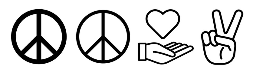 Peace icon set in black flat solid and outlined style.