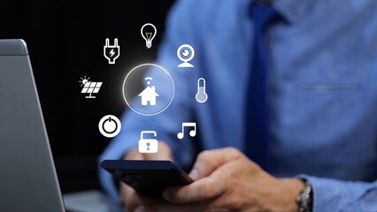 Close-up of businessman using smartphone to control smart home devices with 3D interface animation in office. Remote automation access