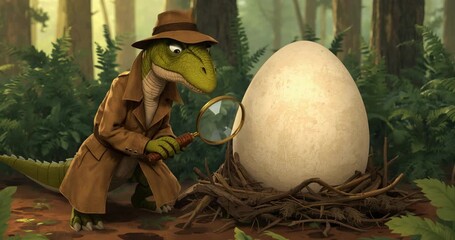 Stepping into clearing, dinosaur wearing trench coat investigating egg using magnifier, copy space - Powered by Adobe