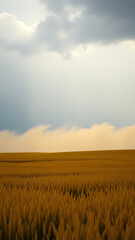 Obraz premium Golden Field with Yellow Mist Rising Under Dark Sky vertical