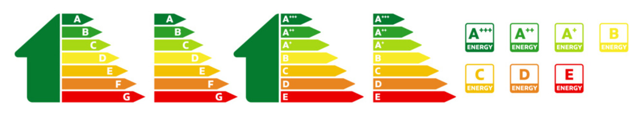 Energy efficiency chart icon set. Home energy efficiency vector label scale sign. House bulb energetic rating bar symbol. Energy consumption sign collection. Stock vector. © Chris