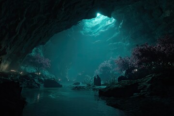 Dark teal cave, tranquil scene, glowing light
