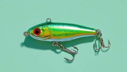A vibrant green and gold fishing lure rests on a mint-green surface.  Its metallic scales shimmer, a single red eye glinting.  Three small hooks are visible