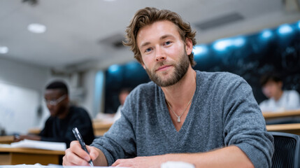 A focused male student is seen writing notes in a classroom filled with peers, emphasizing a commitment to education and a collaborative learning environment.