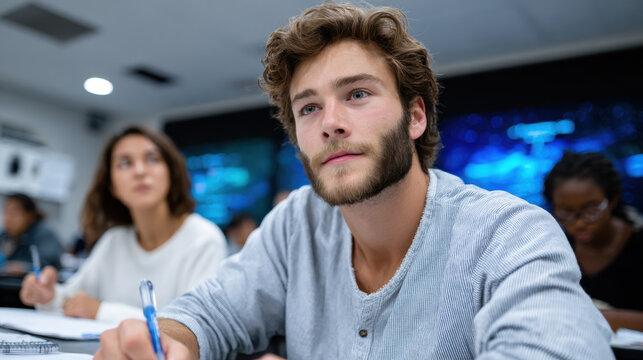 Amid a study session, a thoughtful young man is intensely taking notes, symbolizing diligence and commitment to understanding subjects in an academic workspace.