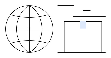 Outlined globe with grid symbolizing global reach alongside an open box representing storage or interaction. Ideal for logistics, communication, technology, collaboration, innovation, concept