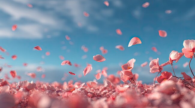 Pink flower petals float in a gentle breeze against a vibrant sky