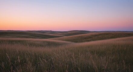 Obraz premium A tranquil and serene landscape of golden rolling hills and vast fields of grass under a beautiful pastel-colored sky at sunset