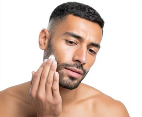 Obraz premium Close-up of a man applying facial cream to his face, showcasing a focused and attentive expression.