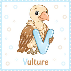 Letter V with Vulture Cute Educational Alphabet Flashcard for Kids