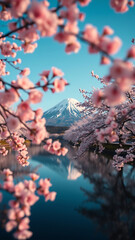 Dreamy Cherry Blossoms and Snowy Mount Fuji Reflection vertical