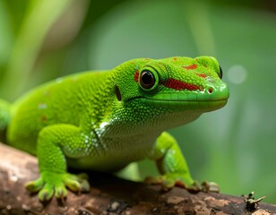 Fototapeta premium Close-up of a vibrant green gecko with striking red markings, perched on a branch against a blurred green background.