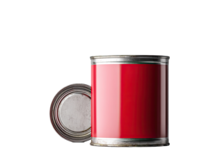 Red metal can with lid, isolated.  Glossy red paint tin,  open, on a dark background.  Top metal lid is slightly separated.  Simple packaging