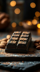 Dark Chocolate Bar with Almonds and Cocoa Powder vertical