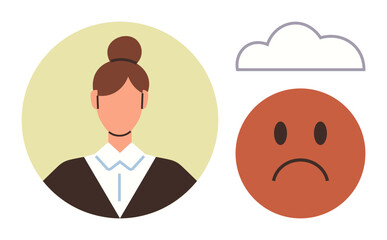 Woman with a tied bun hairstyle looks concerned beside a sad face and cloud icon, symbolizing worry, anxiety, or mental health challenges. Ideal for awareness, emotions, mental wellness, stress