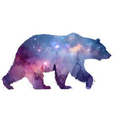 A silhouette of a bear walks gracefully, filled with vibrant galaxy hues. The cosmic patterns blend seamlessly, creating a stunning visual representation of nature and the universe intertwined