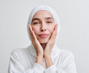A woman in a white hijab, hands gently resting on her cheeks, exudes a serene and thoughtful demeanor against a neutral backdrop.