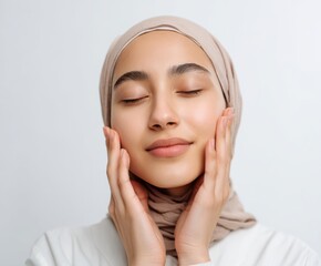 Close-up portrait of a woman with a serene expression, gently touching her soft cheeks.