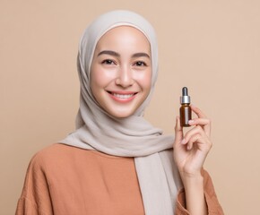 A woman in a light beige headscarf holds a small, brown glass serum bottle, showcasing a joyful expression and a soft, neutral backdrop.
