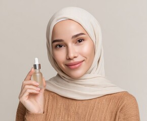 A woman in a light beige hijab holds a clear glass bottle of serum, showcasing a warm and inviting expression.