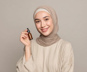 A woman in a light beige hijab smiles warmly, holding a small brown bottle with a dropper, showcasing a product presentation.