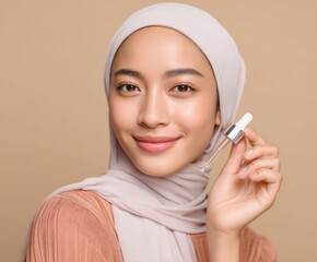 A woman in a light taupe hijab holds a serum dropper, showcasing healthy skin and a serene expression against a neutral backdrop.