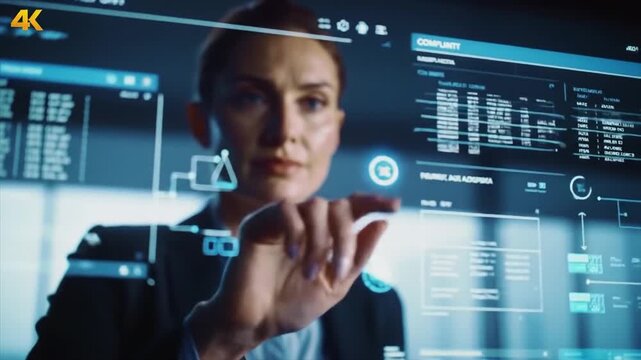 Close-up of a professional woman interacting with digital compliance tools on a futuristic interface in a modern office with a tech-savvy mood. - Powered by Adobe