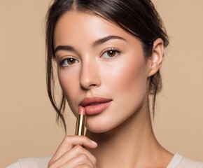 Close-up of a woman with flawless skin and delicate makeup, applying a light pink lipstick against a neutral backdrop.