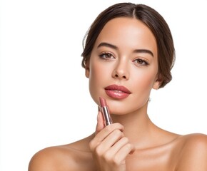 A woman displays a sophisticated mauve-toned lipstick, showcasing smooth skin and flawless makeup.