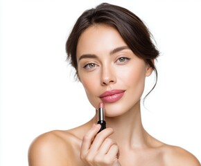 A woman applies a delicate rose-toned lipstick, showcasing flawless skin and a sophisticated beauty.