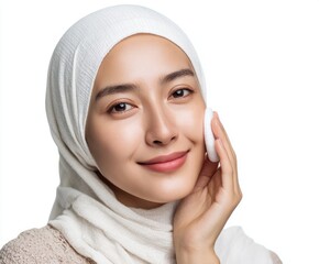 Close-up portrait of a woman with a hijab, gently applying a cleansing pad to her smooth skin, showcasing a serene and healthy complexion.
