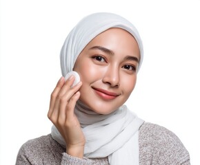 A young woman wearing a white headscarf applies a facial cleansing pad to her cheek, showcasing clean skin and a pleasant expression.