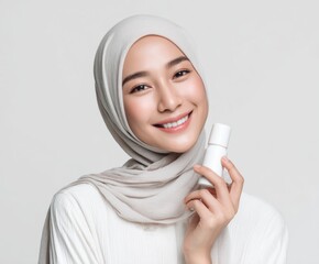 A smiling woman in a light gray hijab holds a blank white cosmetic product bottle against a neutral background.