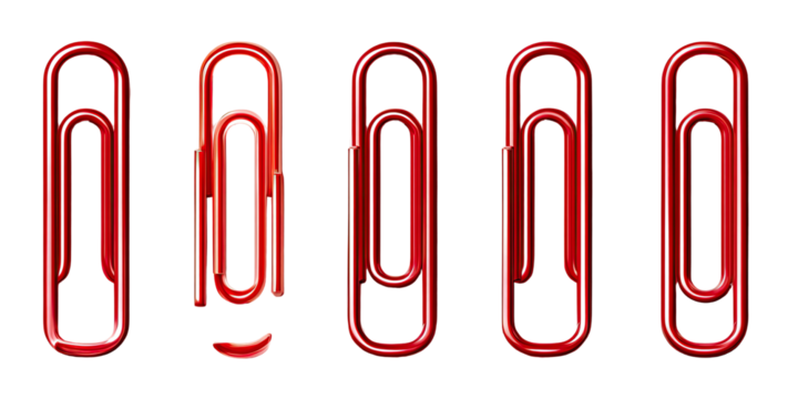 Four bright red paperclips against a black background