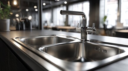Modern double stainless steel sink with chrome faucet in a stylish kitchen