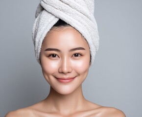 A radiant woman with smooth, flawless skin, wrapped in a soft white towel, displays a gentle smile against a neutral backdrop.