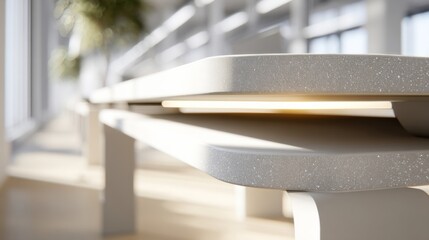 A close view of a sustainable workstation with ergonomically designed furniture emphasizing the smooth finish and innovative joinery that reduces the need for traditional fasteners.