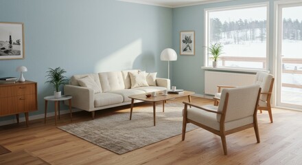 Sunlit Scandinavian living room with minimalist design, showcasing a cozy interior with a picturesque view of a snowy winter landscape