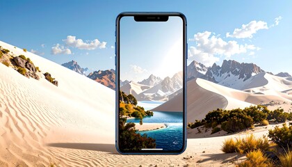 A mobile phone displays a picturesque scene of a serene lake nestled amidst dramatic mountains and expansive sand dunes, capturing a breathtaking landscape.