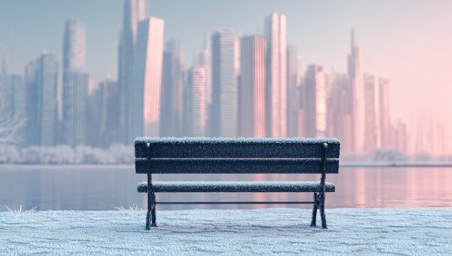 Empty park bench in snowy winter landscape with city skyline