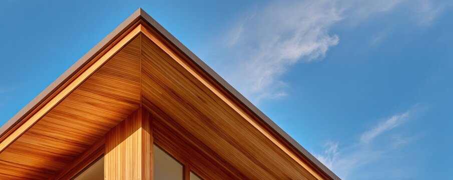 Wooden roof corner against a clear blue sky