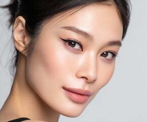 A close-up portrait showcasing a woman's exquisite facial features, with soft, natural lighting and delicate makeup emphasizing her flawless complexion.