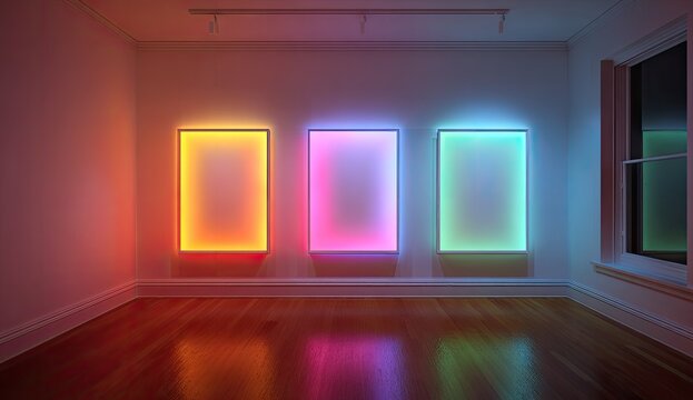 Three colorful, illuminated rectangular canvases, displayed in a gallery-like setting