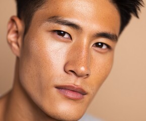Close-up portrait of a man with a neutral expression, showcasing healthy skin tones and subtle freckles.